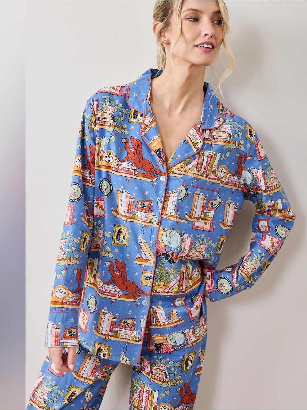 New Print Fresh Long Sleeve Blue PJ Top Stories Book Dog Cafe Library Pajamas M